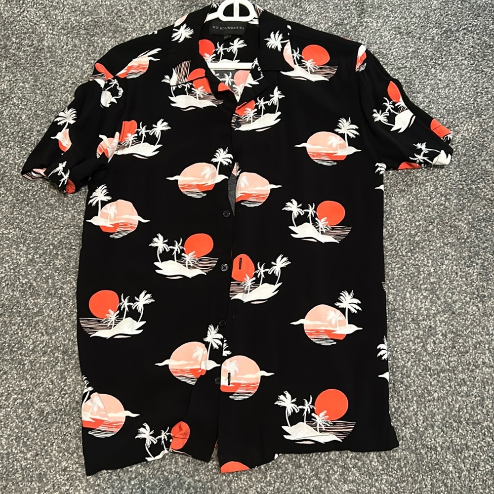 No Boundaries Button Down shirt with red and white graphic.